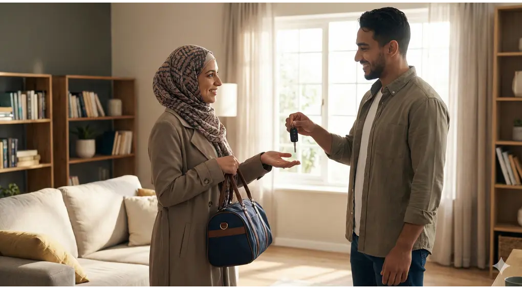 Syarat dan Hukum I'tikaf Wanita Menurut Fiqih Syafi'i (Panduan Lengkap) 2 Foto pasangan suami istri muslim sedang berbincang harmonis di rumah, menggambarkan momen seorang istri meminta dan mendapatkan izin suaminya untuk pergi beri'tikaf.