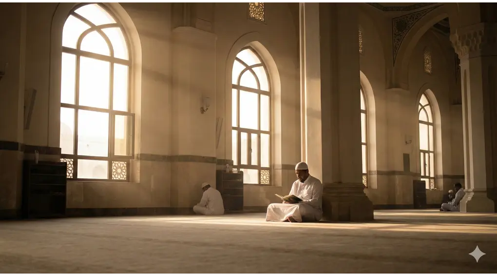 A serene wide-angle photograph inside a sunlit mosque, showing a man sitting quietly and reading the Quran, illustrating the atmosphere of I'tikaf.
