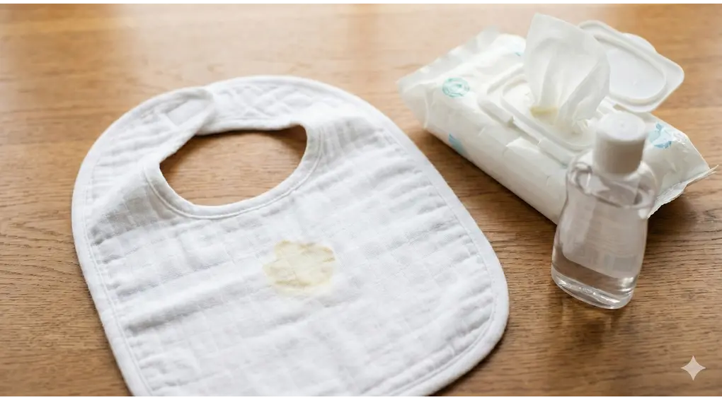 Kain celemek bayi dengan noda gumoh dan tisu basah di atas meja kayu, ilustrasi najis muntah bayi.