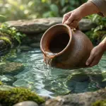 A traditional wide-mouthed clay pitcher (kendi) being gently submerged into a pristine, crystal-clear stone pool of water, with the water level inside the pitcher matching the pool outside. Natural sunlight refracts through the clear water.