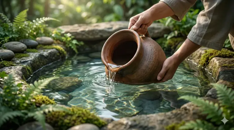 A traditional wide-mouthed clay pitcher (kendi) being gently submerged into a pristine, crystal-clear stone pool of water, with the water level inside the pitcher matching the pool outside. Natural sunlight refracts through the clear water.