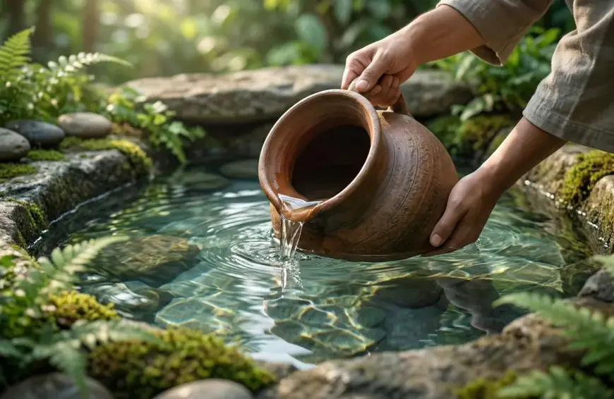 A traditional wide-mouthed clay pitcher (kendi) being gently submerged into a pristine, crystal-clear stone pool of water, with the water level inside the pitcher matching the pool outside. Natural sunlight refracts through the clear water.