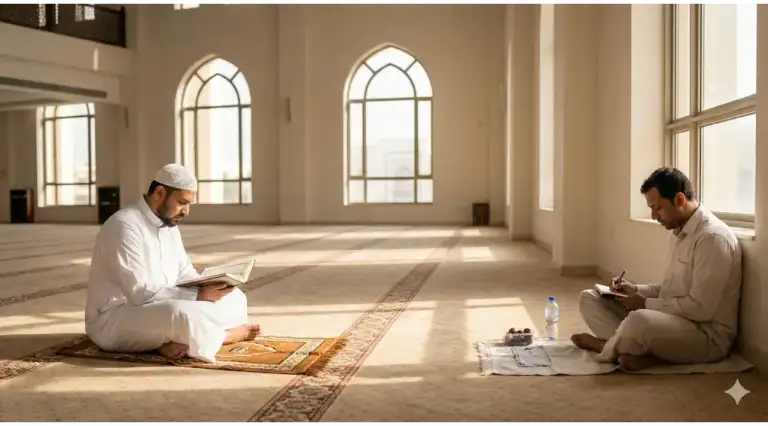 Foto interior masjid yang terang menunjukkan dua pria Muslim; satu sedang khusyuk membaca Al-Qur'an, dan yang lainnya sedang menulis catatan dan makan ringan dengan tenang di sudut lain. Ini menggambarkan keseimbangan antara ibadah mahdhah dan aktivitas mubah yang diperbolehkan saat i'tikaf.