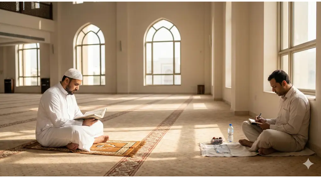 Adab I'tikaf: Hal-Hal yang Diperbolehkan dan Dimakruhkan di Masjid 1 Foto interior masjid yang terang menunjukkan dua pria Muslim; satu sedang khusyuk membaca Al-Qur'an, dan yang lainnya sedang menulis catatan dan makan ringan dengan tenang di sudut lain. Ini menggambarkan keseimbangan antara ibadah mahdhah dan aktivitas mubah yang diperbolehkan saat i'tikaf.