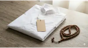 Home 27 A neatly folded new white shirt with a blank tag label and wooden prayer beads placed on a wooden table, illustrating the supplication **“Alhamdulillāhilladzī kasānī hādhā”**.