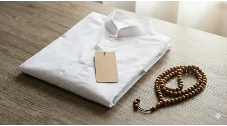 Home 35 A neatly folded new white shirt with a blank tag label and wooden prayer beads placed on a wooden table, illustrating the supplication **“Alhamdulillāhilladzī kasānī hādhā”**.
