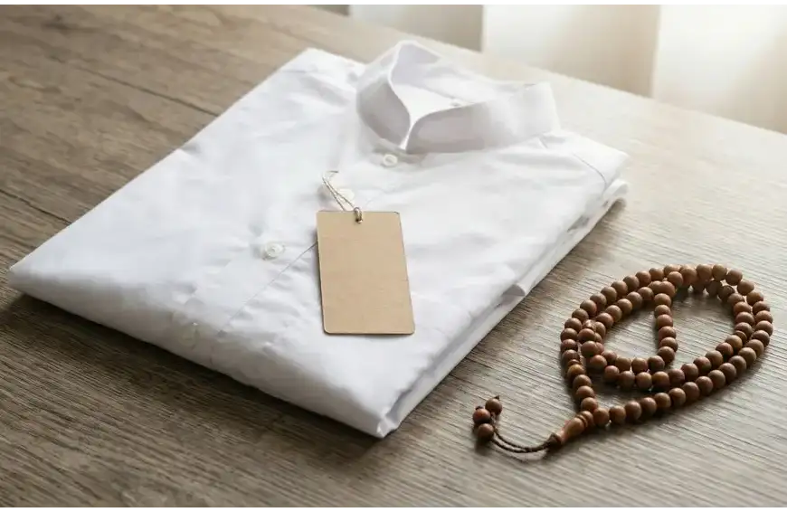 Baju kemeja putih baru terlipat rapi dengan label tag kosong dan tasbih kayu di atas meja kayu, ilustrasi doa alhamdulillahilladhi kasani hadha