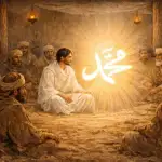 Ilustrasi kedatangan Malaikat Jibril dalam wujud manusia berpakaian putih bersih di tengah majelis Nabi Muhammad dan para sahabat yang heran.