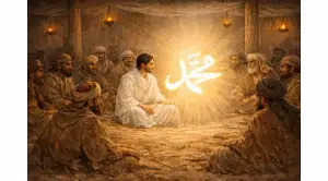 Home 5 An illustration of the arrival of Angel Jibril in human form, dressed in pure white clothes, amidst the gathering of Prophet Muhammad and his astonished companions.