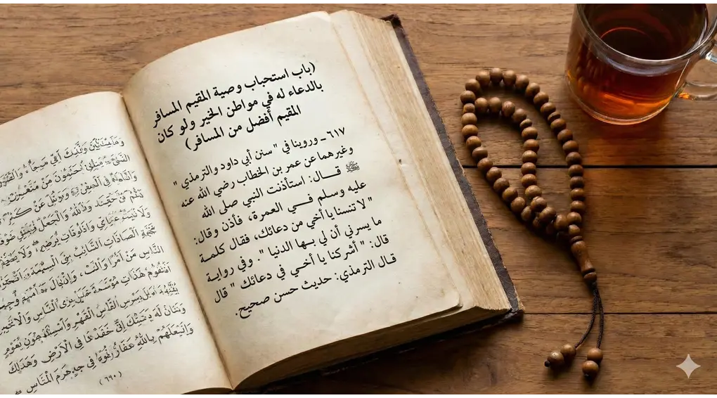 Kitab kuning terbuka dan tasbih di atas meja kayu sebagai referensi hukum Islam tentang menitip doa.