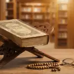 Kitab kuning Asna al-Matalib karya Syaikh Zakariyya al-Anshari di atas rehal kayu, referensi fiqih hukum onani dan sentuhan saat puasa.