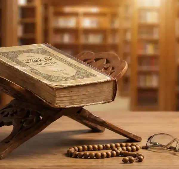 Home 5 Kitab kuning Asna al-Matalib karya Syaikh Zakariyya al-Anshari di atas rehal kayu, referensi fiqih hukum onani dan sentuhan saat puasa.