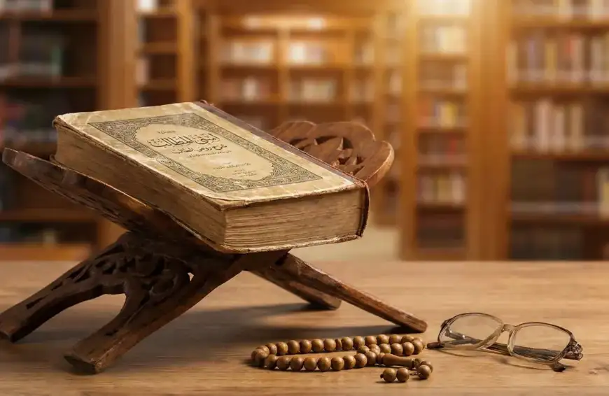 Home 7 Kitab kuning Asna al-Matalib karya Syaikh Zakariyya al-Anshari di atas rehal kayu, referensi fiqih hukum onani dan sentuhan saat puasa.