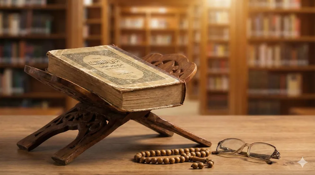 Hukum Onani Saat Puasa dan Batasan Sentuhan Fisik Menurut Fiqih 1 Kitab kuning Asna al-Matalib karya Syaikh Zakariyya al-Anshari di atas rehal kayu, referensi fiqih hukum onani dan sentuhan saat puasa.