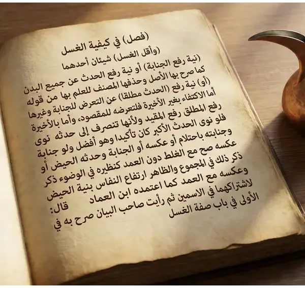 Home 3 Kitab fikih klasik terbuka pada bab rukun mandi wajib dengan teks Arab, di samping teko tembaga dan mangkuk berisi air jernih di atas meja kayu.