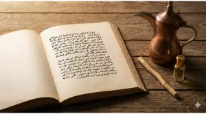 Home 3 Kitab fikih klasik terbuka menampilkan teks Arab tentang kadar air mandi, di samping teko tembaga, siwak, dan botol minyak wangi di atas meja kayu.