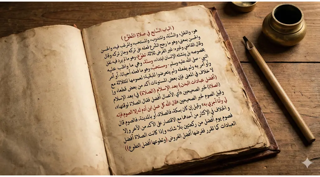 The Complete Guide to Sunnah Prayers Shafi'i Fiqh: Procedures, Virtues, and Evidence 2 An open classical Islamic manuscript of Asna al-Matalib on a study desk with an ink pen, representing authoritative fiqh references.