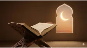 Kitab kuning kuno terbuka di atas rehal kayu dengan latar belakang jendela masjid berbentuk lengkung yang menampakkan bulan sabit (hilal) di langit senja.