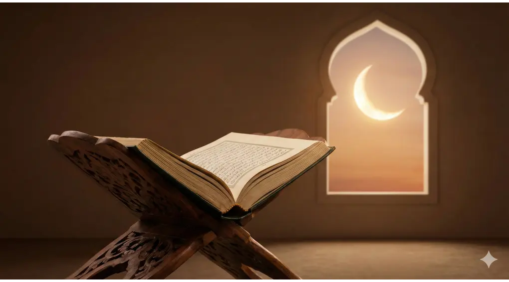 Khutbah Nabi Jelang Ramadhan: Hadits Salman Al-Farisi & Keutamaan Puasa 1 Kitab kuning kuno terbuka di atas rehal kayu dengan latar belakang jendela masjid berbentuk lengkung yang menampakkan bulan sabit (hilal) di langit senja.