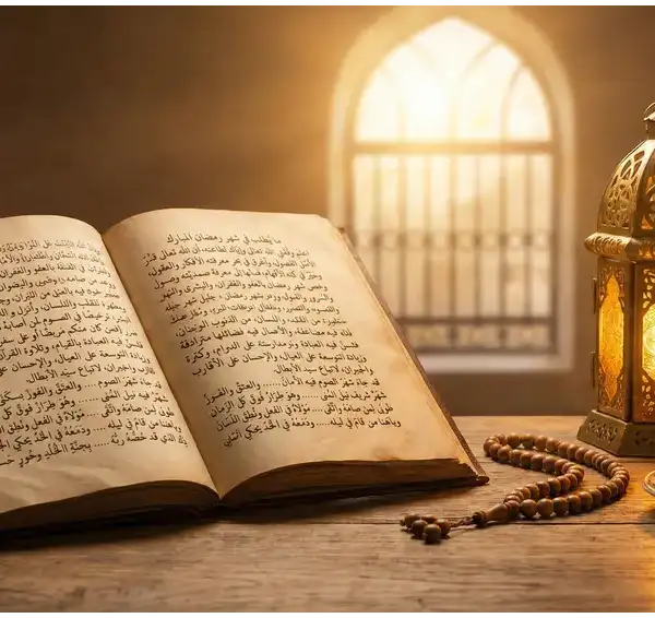 Home 5 Foto still life sebuah kitab kuning kuno terbuka dengan tulisan Arab di atas meja kayu, di samping lentera fanus Ramadhan yang menyala, tasbih, dan kurma. Cahaya keemasan menembus jendela berjeruji di latar belakang.