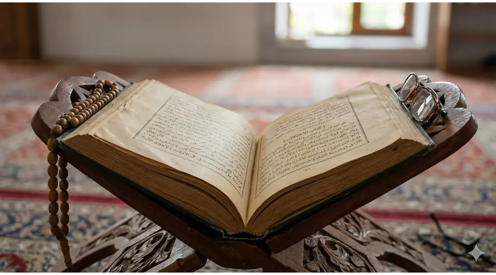 Kitab kuning kuno terbuka di atas rehal kayu yang menjadi rujukan utama panduan fiqih i'tikaf madzhab Syafi'i.