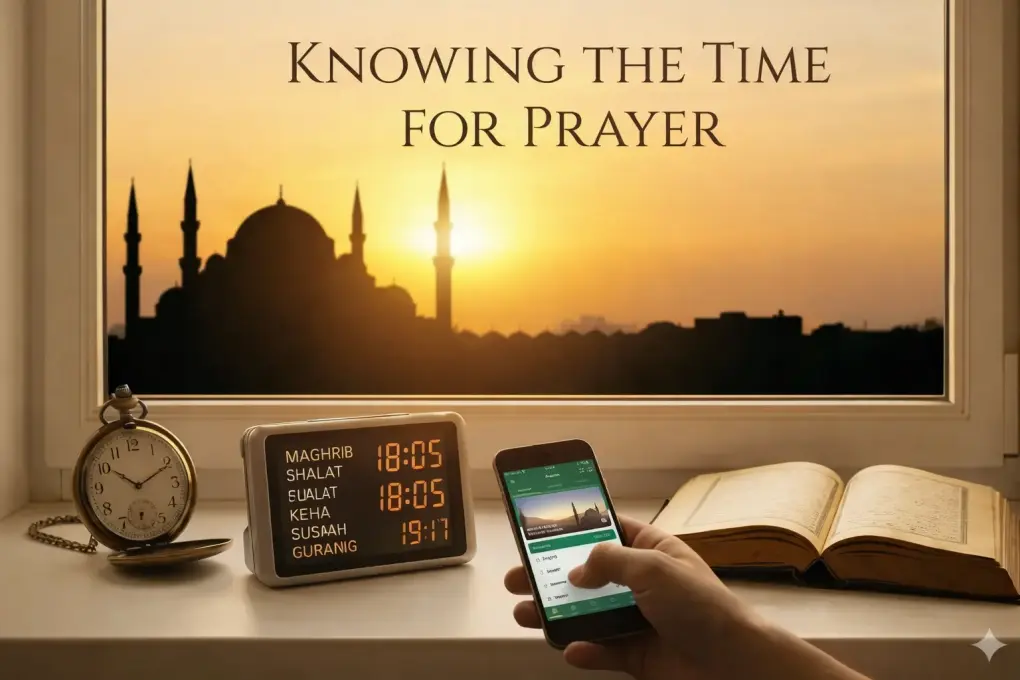 5 Conditions for a Valid Prayer According to Fathul Qarib: A Complete Guide 3 Illustration showing how Muslims determine the correct time of prayer using prayer schedules and digital tools.