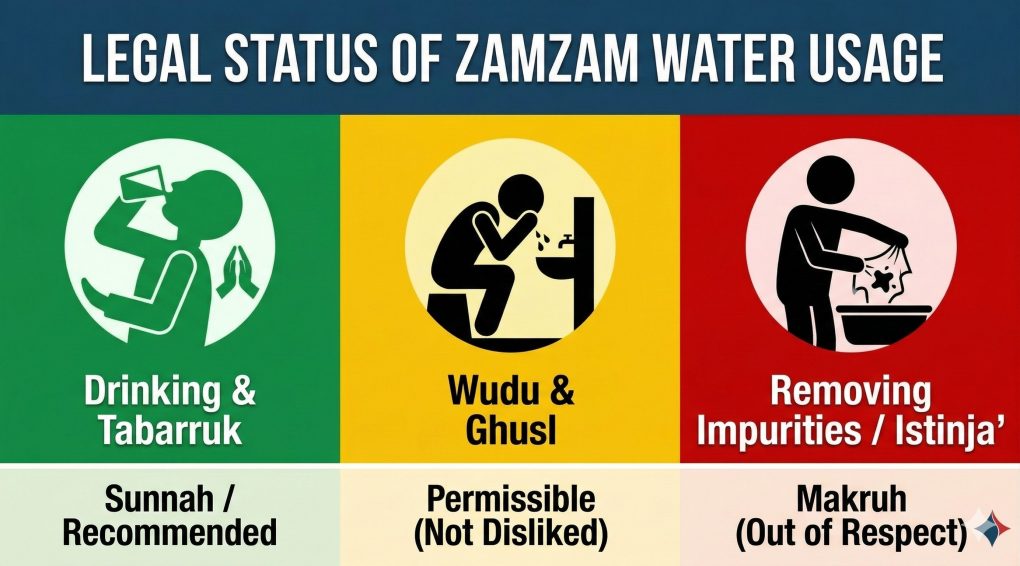 Infographic in English on the legal status of Zamzam water usage. It is a color-coded chart: Column 1 (Green) with an icon of a person drinking, labeled "Drinking & Tabarruk" and status "Sunnah / Recommended". Column 2 (Yellow) with an icon of a person performing Wudu, labeled "Wudu & Ghusl" and status "Permissible (Not Disliked)". Column 3 (Red) with an icon of a person washing a garment, labeled "Removing Impurities / Istinja'" and status "Makruh (Out of Respect)". The title at the top reads "LEGAL STATUS OF ZAMZAM WATER USAGE". A small logo is in the bottom right.
