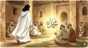 Home 5 Ilustrasi lelaki misterius berbaju sangat putih dan rambut hitam pekat mendatangi majelis Nabi Muhammad SAW, dialah Malaikat Jibril