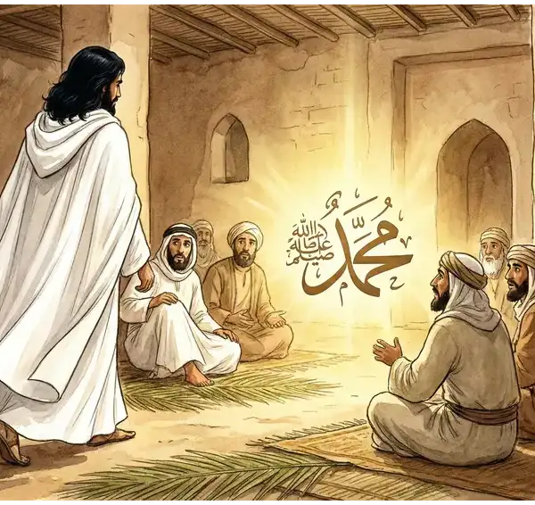 Ilustrasi lelaki misterius berbaju sangat putih dan rambut hitam pekat mendatangi majelis Nabi Muhammad SAW, dialah Malaikat Jibril