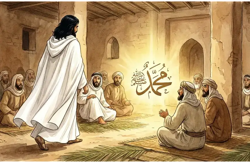 Ilustrasi lelaki misterius berbaju sangat putih dan rambut hitam pekat mendatangi majelis Nabi Muhammad SAW, dialah Malaikat Jibril