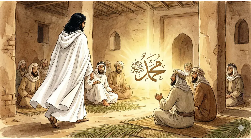 Ilustrasi lelaki misterius berbaju sangat putih dan rambut hitam pekat mendatangi majelis Nabi Muhammad SAW, dialah Malaikat Jibril