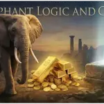 Tawassul in Islam: The Elephant and Gold Logic Against Grave Worship A detailed mystical scene with a large African elephant, a pile of gold bars and coins, and a glowing cyan light pillar rising from an ancient stone tomb amidst ruined columns at dusk.