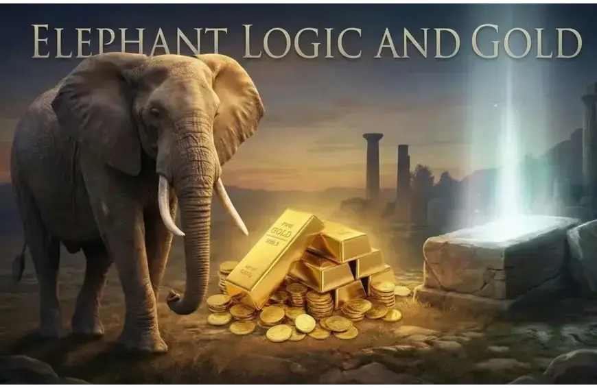 Home 31 A detailed mystical scene with a large African elephant, a pile of gold bars and coins, and a glowing cyan light pillar rising from an ancient stone tomb amidst ruined columns at dusk.