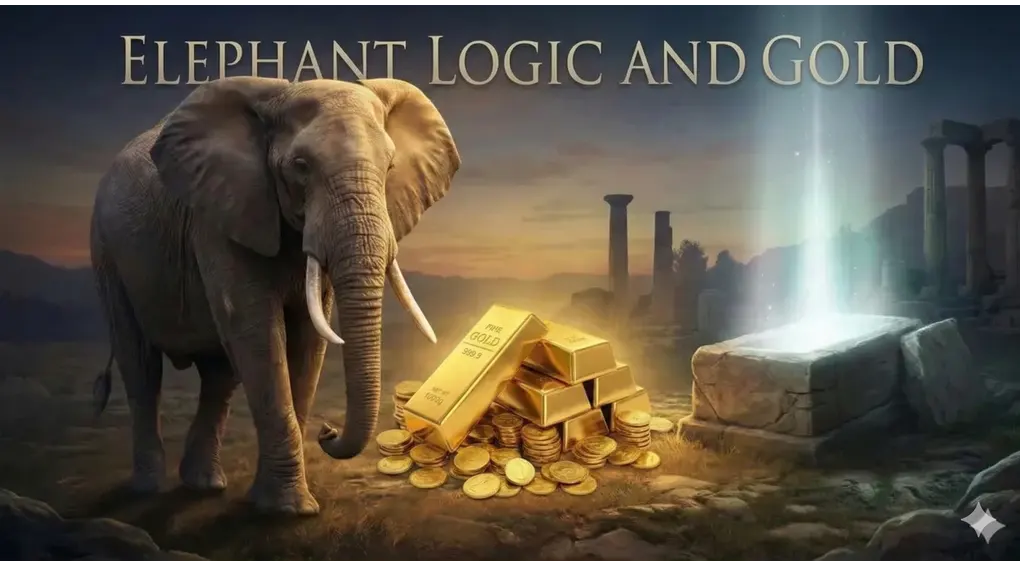 A detailed mystical scene with a large African elephant, a pile of gold bars and coins, and a glowing cyan light pillar rising from an ancient stone tomb amidst ruined columns at dusk.