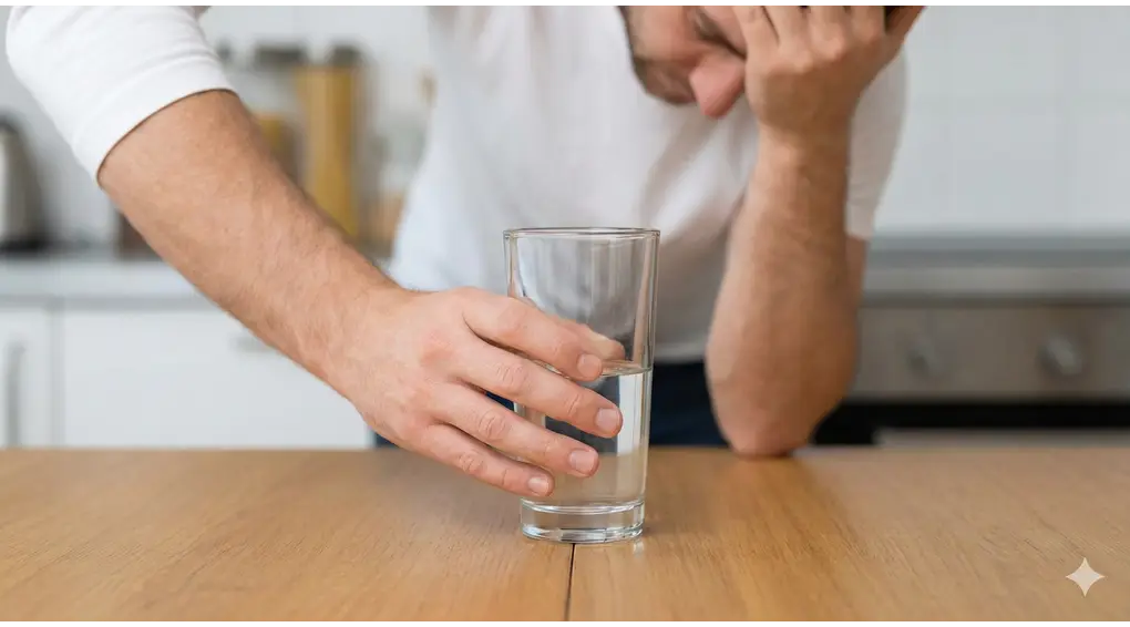 Seorang pria dengan ekspresi penyesalan menepuk jidat setelah tidak sengaja minum air dari gelas.