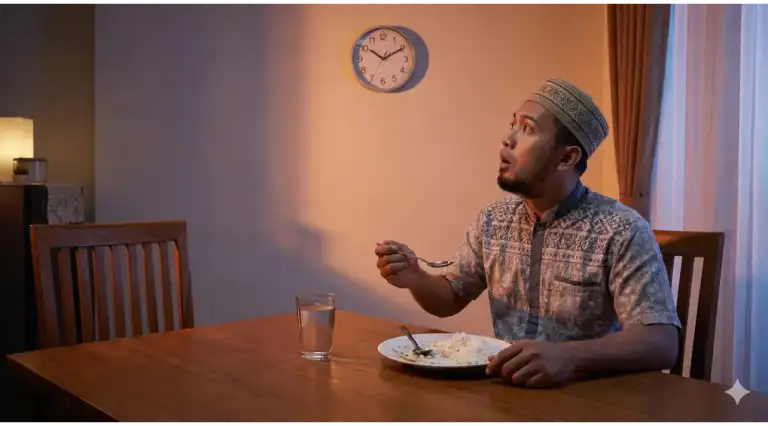 Seorang pria Muslim dengan ekspresi terkejut melihat jam dinding sambil memegang sendok makan, ilustrasi lupa makan saat puasa.Seorang pria Muslim dengan ekspresi terkejut melihat jam dinding sambil memegang sendok makan, ilustrasi lupa makan saat puasa.