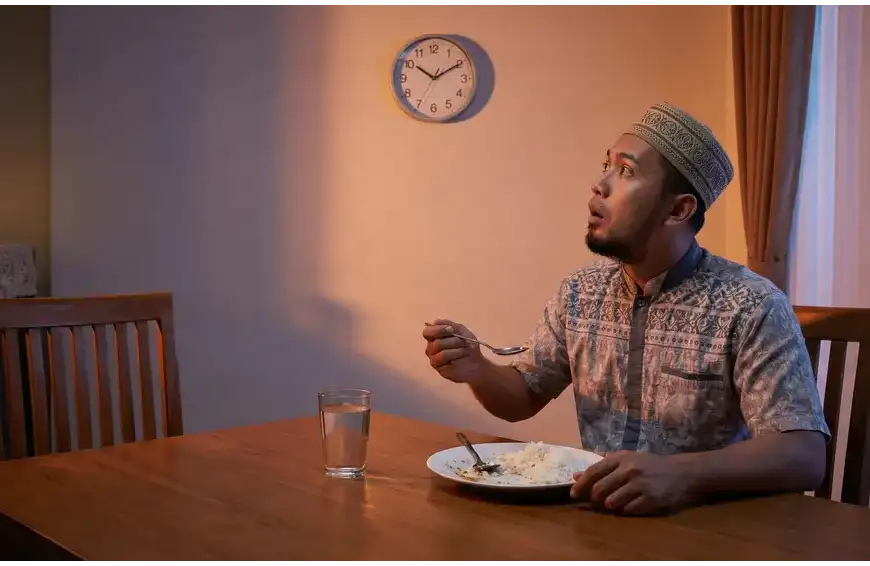 Home 1 Seorang pria Muslim dengan ekspresi terkejut melihat jam dinding sambil memegang sendok makan, ilustrasi lupa makan saat puasa.Seorang pria Muslim dengan ekspresi terkejut melihat jam dinding sambil memegang sendok makan, ilustrasi lupa makan saat puasa.