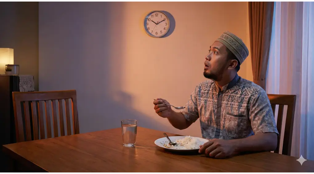 Seorang pria Muslim dengan ekspresi terkejut melihat jam dinding sambil memegang sendok makan, ilustrasi lupa makan saat puasa.Seorang pria Muslim dengan ekspresi terkejut melihat jam dinding sambil memegang sendok makan, ilustrasi lupa makan saat puasa.