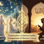 Hoor al-Ayn vs. Women of the World: Who is More Beautiful? An Analysis of Sahih Bukhari Islamic illustration contrasting the radiant maidens of Paradise with a righteous woman praying in the world.