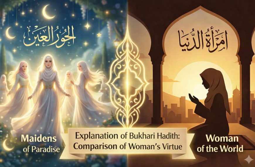 Islamic illustration contrasting the radiant maidens of Paradise with a righteous woman praying in the world.