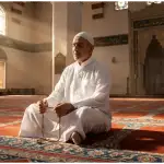 A Muslim man sitting devoutly in a sunlit mosque, symbolizing the solemn intention of making an i'tikaf nadhr (vow).