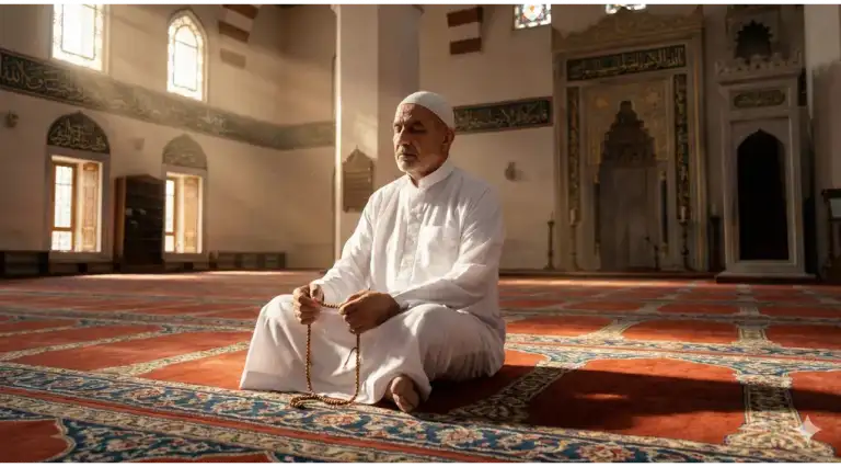 Shafi'i School of Jurisprudence: The Complete Guide to Islamic Law, Prayers, and Tasawuf 1 A Muslim man sitting devoutly in a sunlit mosque, symbolizing the solemn intention of making an i'tikaf nadhr (vow).