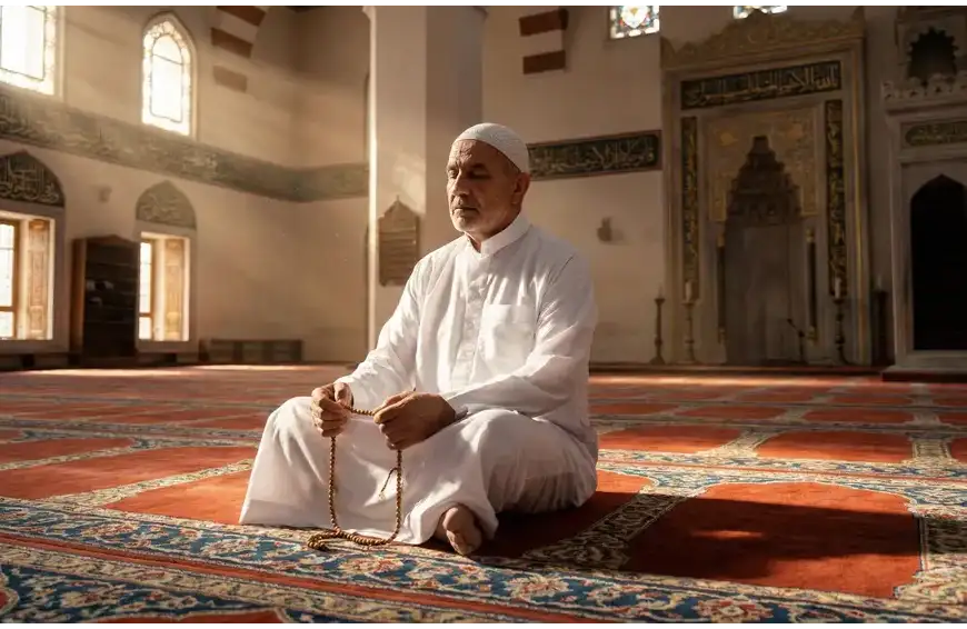 Home 29 A Muslim man sitting devoutly in a sunlit mosque, symbolizing the solemn intention of making an i'tikaf nadhr (vow).