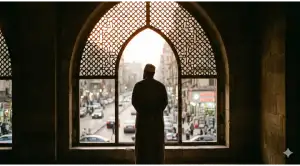 Home 11 A contemplative photograph from inside a dimly lit mosque showing the silhouette of a Muslim man standing near an arched window looking outside, symbolizing the spiritual boundary of I'tikaf.