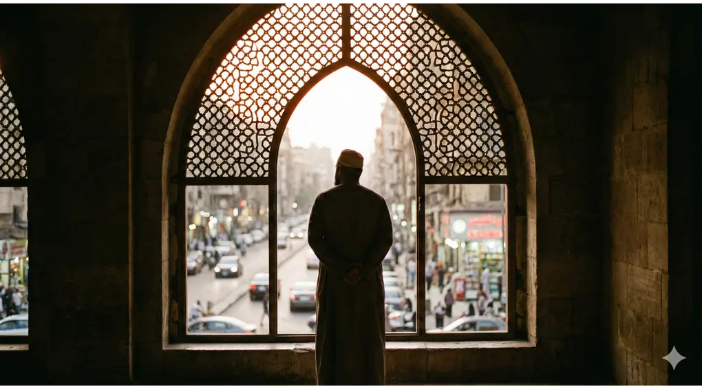 Invalidators of I'tikaf and Rulings on Leaving the Mosque (Shafi'i Fiqh) 1 A contemplative photograph from inside a dimly lit mosque showing the silhouette of a Muslim man standing near an arched window looking outside, symbolizing the spiritual boundary of I'tikaf.