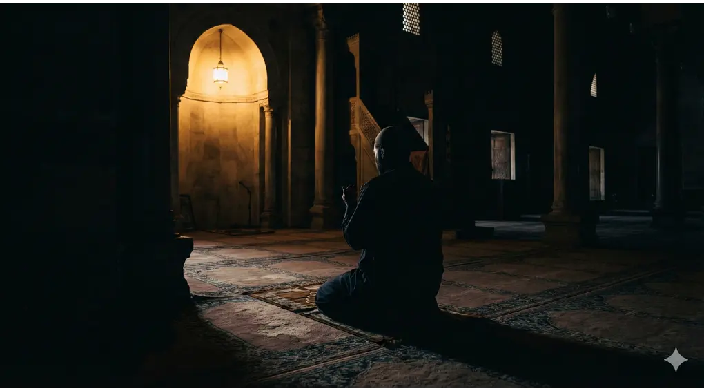 Complete Guide to the Virtues and Ramadan Practices Kanzun Najah was Surur 4 A Muslim man sitting alone in deep prayer in a dimly lit corner of an old mosque at night, creating a silent and contemplative atmosphere.