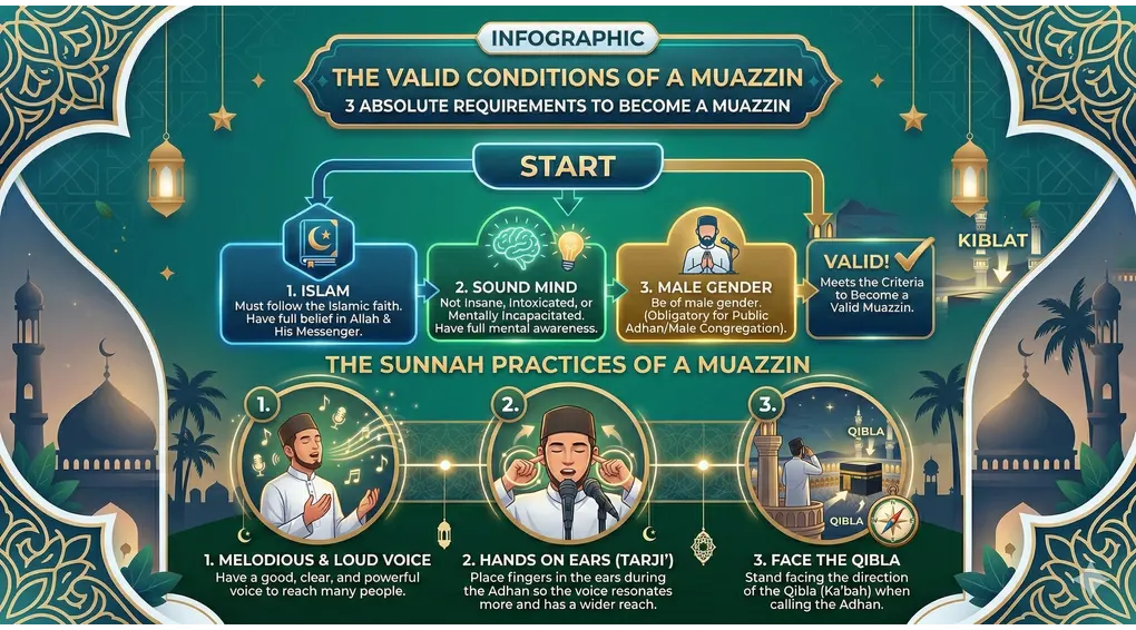 Valid Conditions of a Muazzin: A Guide Based on Shafi'i Fiqh 2 A supporting infographic diagram outlining the three absolute legal requirements that must be met for a Muazzin's Adhan to be valid under Islamic law.