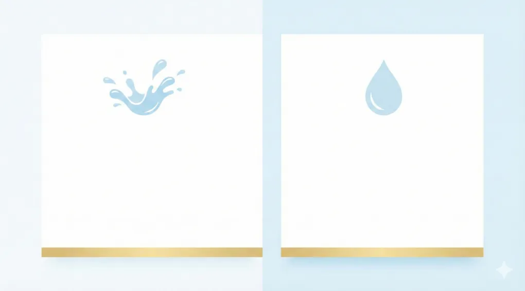 A minimalist two-panel infographic comparison. The left panel features a dynamic blue water splash icon representing mani (spurting), and the right panel features a single, calm water drop icon representing madhi (dripping).