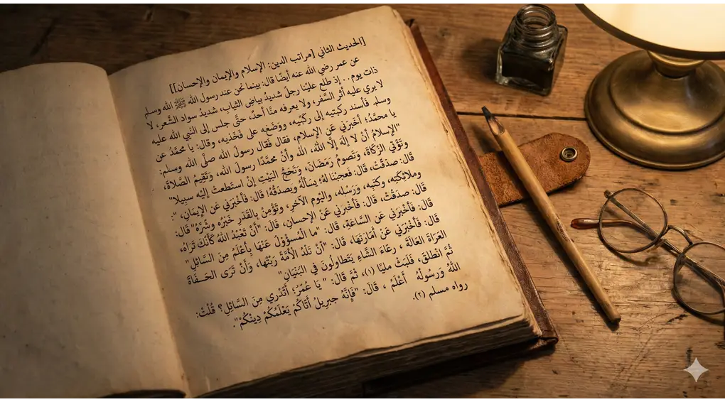 Hadith Jibril Explained: Understanding Islam, Iman, Ihsan, and the Signs of the Hour According to Al-Fath Al-Mubin 2 manuscript of the book Al-Fath Al-Mubin bi Syarhi Al-Arbaโin by Ibn Hajar Al-Haytami open on a wooden desk with reading glasses and a traditional pen.