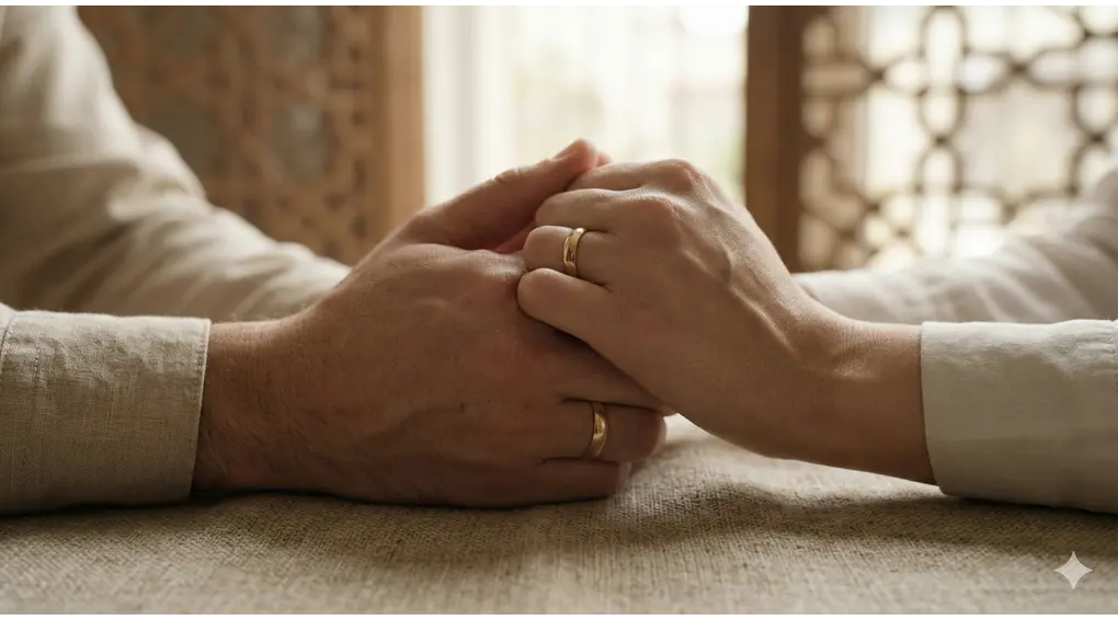 The Jurisprudential Ruling on Masturbation While Fasting and Limits of Physical Contact 2 A conceptual close-up shot of the hands of a married Muslim couple, with wedding rings, clasped together on a textured linen surface dining table. The background shows a mashrabiya window with warm daylight.